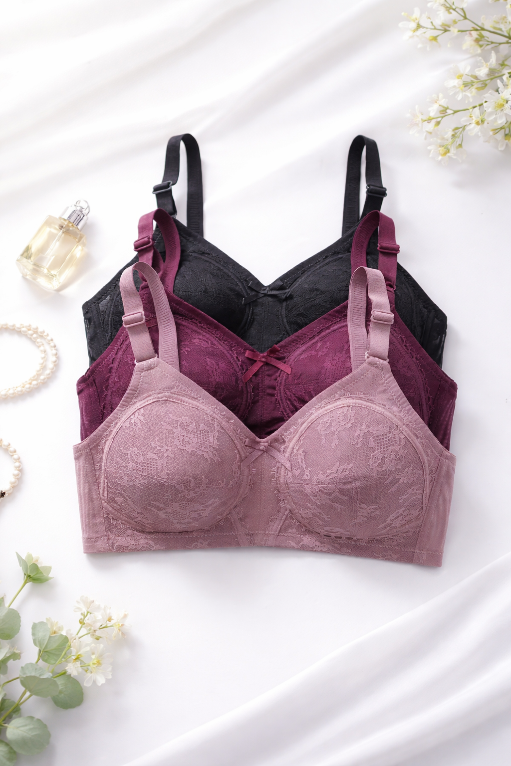 Floral Lace Comfortable Everyday Bra – Soft Support Wireless Lingerie